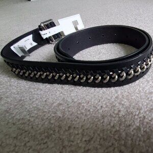 Rebecca Minkoff Ladies Black Leather Belt with Silver Chain Accent, Size Large